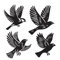 
A minimalist, beautiful linocut illustration of a flying Grosbeak bird in silhouette. This black vector artwork captures the elegant form and graceful movement of the bird.