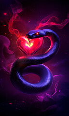 A mystical snake wrapped around a glowing heart, surrounded by vibrant colors and smoke, symbolizing love and transformation.