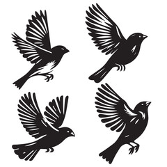 
A minimalist, beautiful linocut illustration of a flying Grosbeak bird in silhouette. This black vector artwork captures the elegant form and graceful movement of the bird.