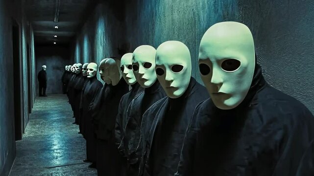 Adult Caucasian men wear masks,stand hallway.Group poses dramatically,creates eerie atmosphere.Facial concealment enhances mystery image.Cold lighting casts shadows,underlines suspense.Masquerade
