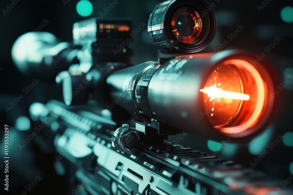 Poster precision rifle with advanced scope illuminated at a shooting range during evening hours