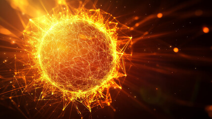 A hologram of the sun. The sun icon consists of polygons, triangles of points and lines. The sun icon is a low-poly compound structure. Technology concept vector.