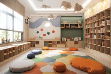 Childrens Playroom Design Featuring Bookshelves And Soft Seating