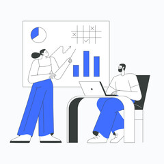 Female analyst presenting data to male colleague in flat vector illustration symbolizing teamwork, data analysis, and collaboration in a business setting, isolated on white background.