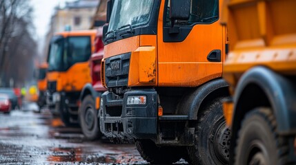 Close-up view of orange construction trucks lined up on a rainy street, showcasing details of the vehicles and wet pavement