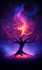 A mystical tree with vibrant colors and glowing branches against a starry night sky, evoking a sense of wonder and enchantment.
