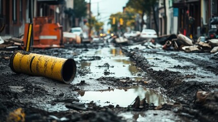Obraz premium Muddy street with construction pipe after heavy rain or flood disaster impacting urban area