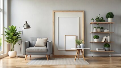 Modern home interior background, mock up poster wall, 3d render, white Mock up frame
