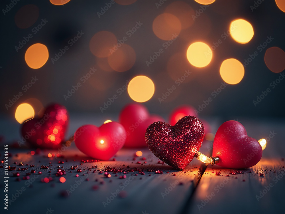 Poster Romantic Evening Setting Features Twinkling Lights, Sparkling Glitter, Shimmering Hearts, And A Soft Bokeh Effect In The Background. 00002