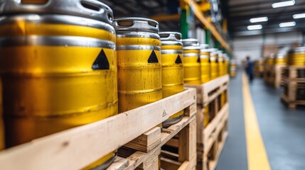 Industrial brewery interior features rows of yellow kegs stacked on wooden pallets for storage and distribution