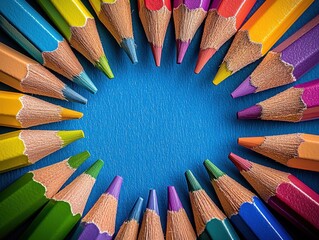 Colorful pencils arranged in a circular pattern on a blue backdrop showcasing vibrant hues and textures for creative projects and artistic endeavors