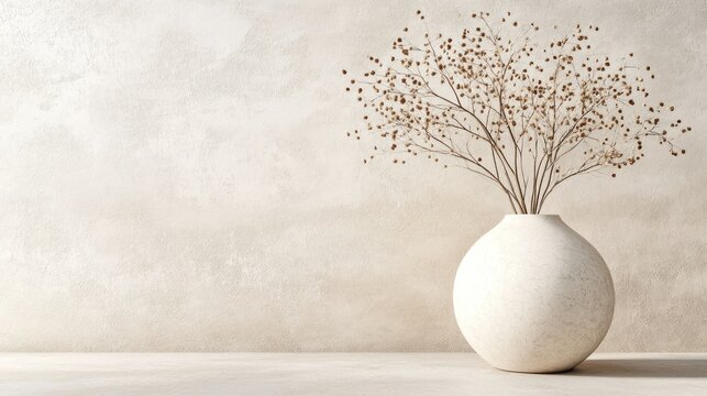 Dried flowers in a minimalist vase against a textured wall.