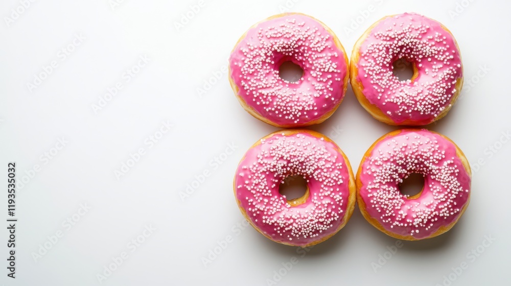 Poster colorful pink frosted doughnuts with sprinkles arranged in a neat square on a light background, perf