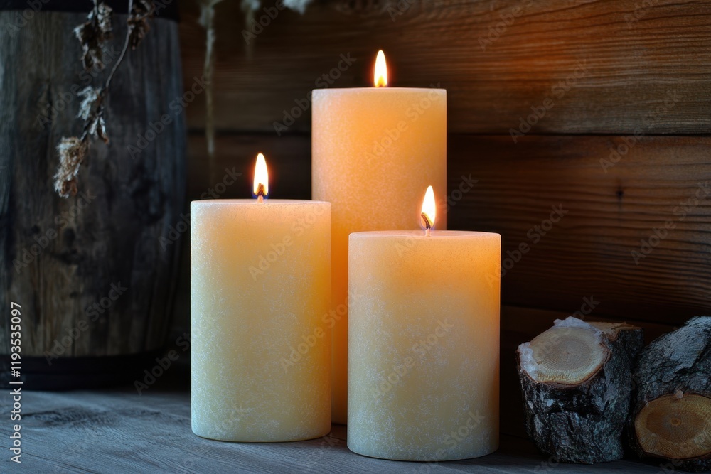 Poster cozy atmosphere created by glowing candles on a wooden surface in a rustic setting