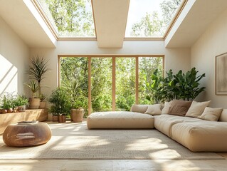Interior shot capturing the charm of roof windows and skylights, brightening the space with natural daylight.