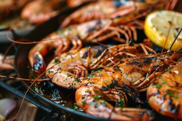 Grilled seafood platter featuring large shrimp and fresh lemon slice on a rustic wooden table