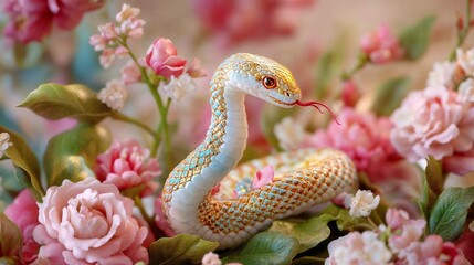 Fototapeta premium porcelain figurine of Iridescent Serpent Elegantly Coiled Among Delicate Pink Roses