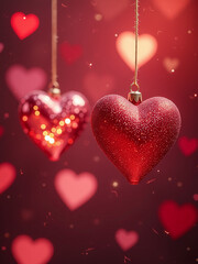 Sparkling Decorations Hang From A Festive Background Featuring Crystal Red Hearts, A Romantic Symbol Of Love On This Special Day. 00001