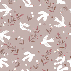 Floral pattern with flower, leaves, bird and hearts. Seamless pattern with hand dtawn dove and hearts for Valentine's Day, fabric, card.