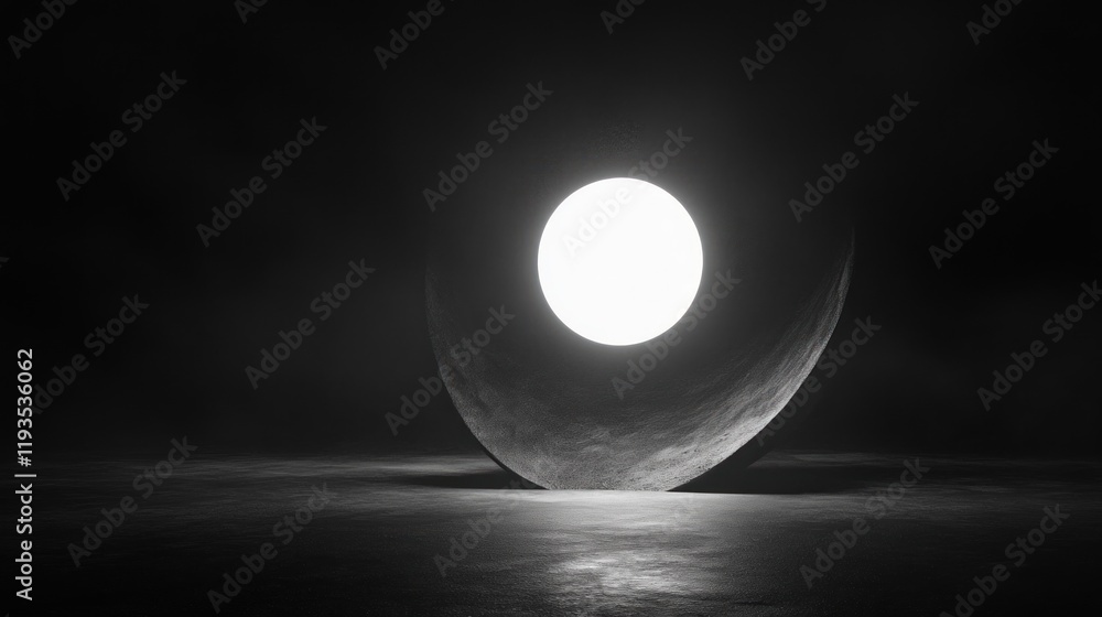 Poster abstract monochrome sphere with glowing orb in dark setting a minimalist composition
