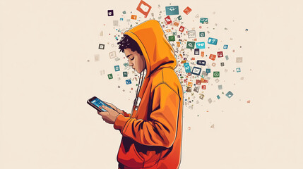 Young person engaged with digital technology and social media in a creative artistic representation