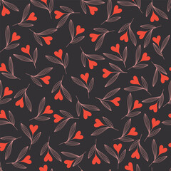 Seamless pattern with red hearts flowers on black background. 