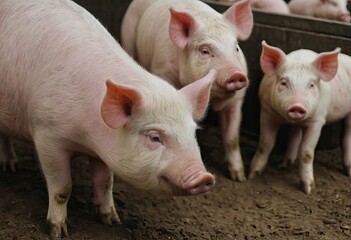 Three little pigs are standing in the dirt and gazing at the camera