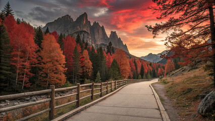 red-orange sunset, stream on rocks, autumn trees in the distance, sharp mountains with snow