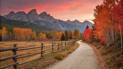 Fototapeta premium red-orange sunset, stream on rocks, autumn trees in the distance, sharp mountains with snow