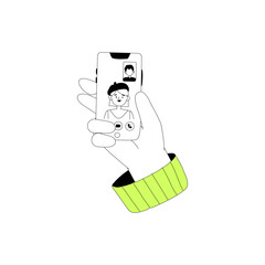 Hand Holding Smartphone With Video Call In Flat Vector Illustration Symbolizing Virtual Communication, Connection, And Technology, Isolated On White Background