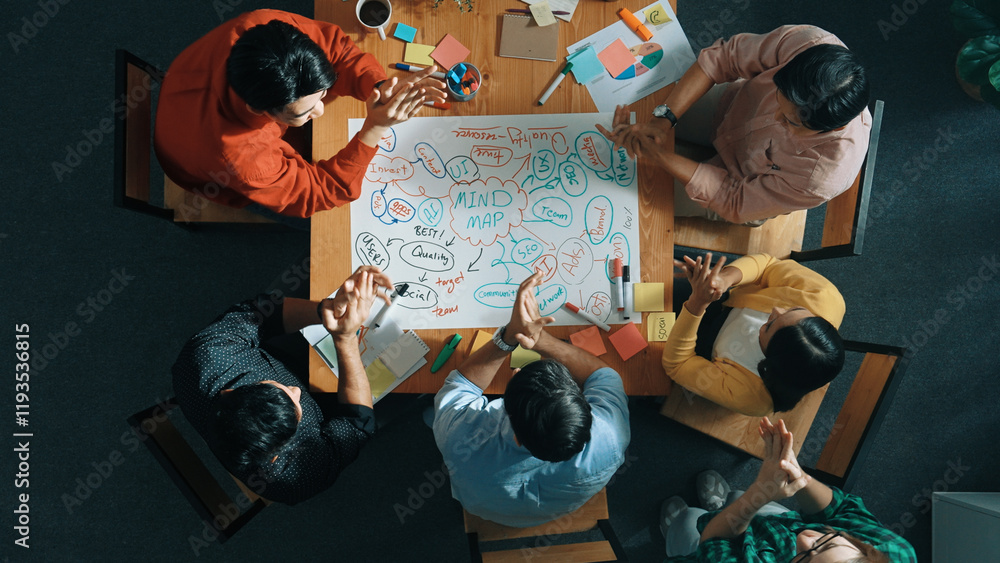 Poster top down view of business team working together by using mind map brainstorming idea while putting h