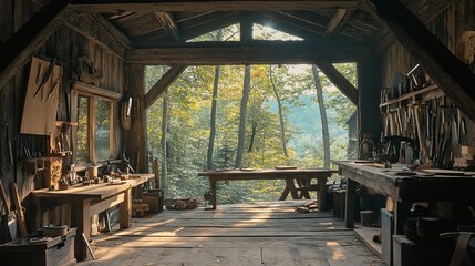 A rustic open-air workshop with wooden benches, tools, and a view of the forest