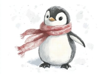 Naklejka premium Cute illustrated penguin wearing a cozy scarf in a snowy winter setting with a joyful and playful demeanor. Generative AI