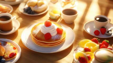 Breakfast table spread with a variety of delicious treats, including pancakes with whipped cream and strawberries, coffee, fruit salad, and pastries, all bathed in warm morning sunlight