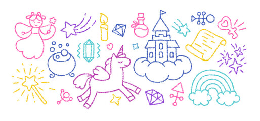 Crayon pencil drawings of magic and princess concept. Kids doodle icons of fairy, unicorn, magic wand, castle and rainbow. Fantasy icons drawn with color crayon pencil, vector illustration