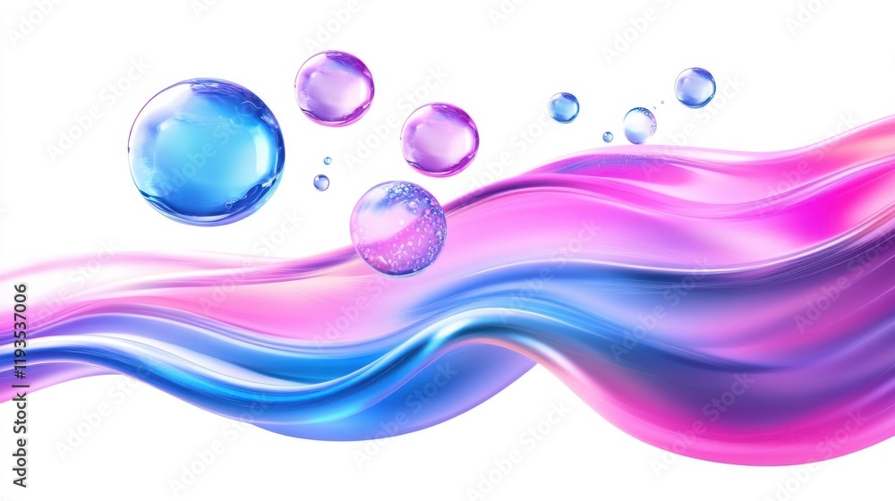 Poster abstract waves with colorful bubbles in shades of pink and blue, fluid background for creative desig