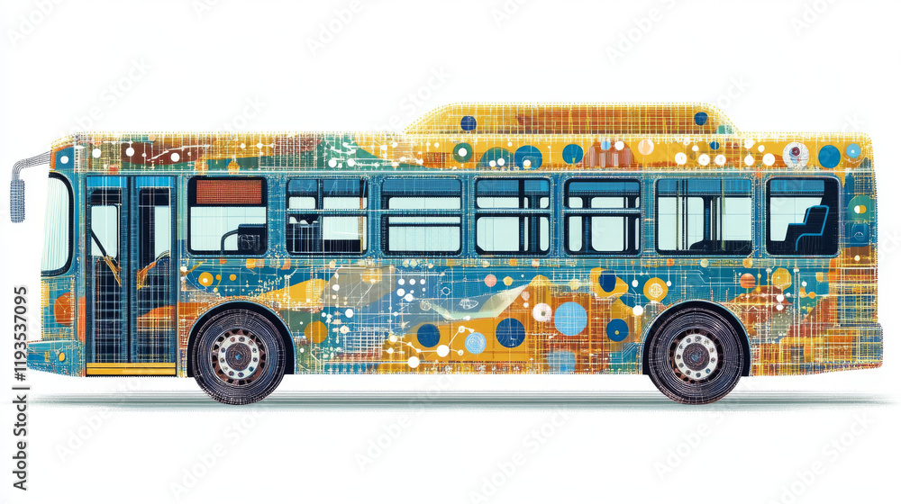 Poster the bus from the particles. the bus consists of circles and points. vector illustration.