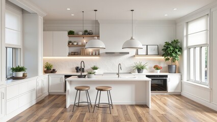Spacious kitchen featuring a pristine white countertop island with a chic sink and faucet, set amidst inviting wooden-plank flooring—a perfect blend of elegance and functionality