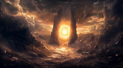 Golden Portal Between Ancient Stone Pillars in a Desolate Landscape