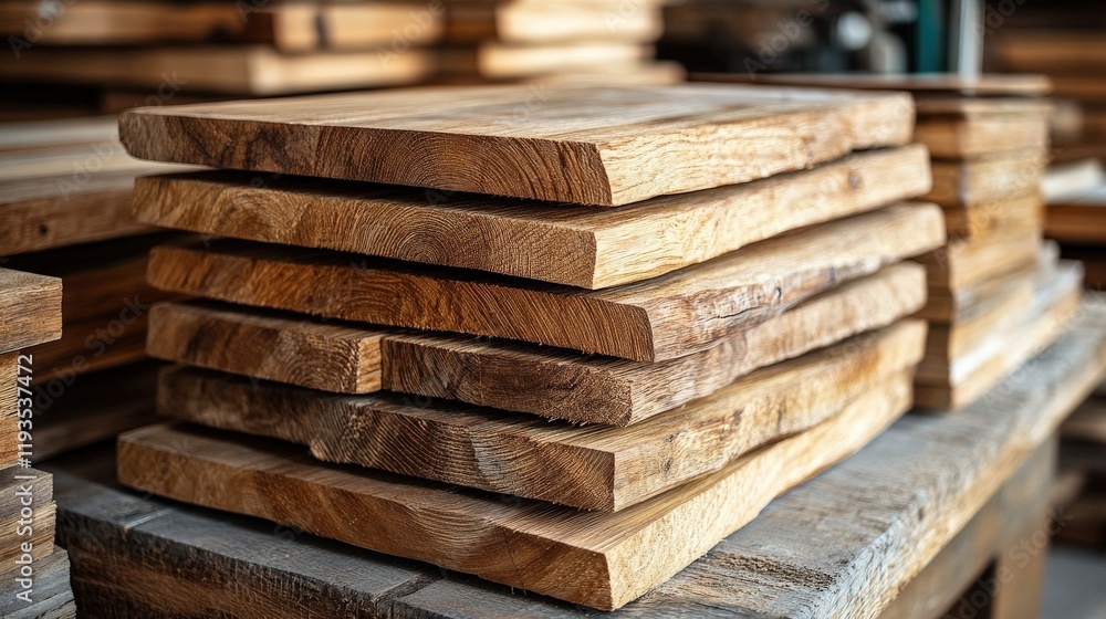 Poster stacked wooden planks in a workshop setting showcasing natural grain patterns and textures for craft