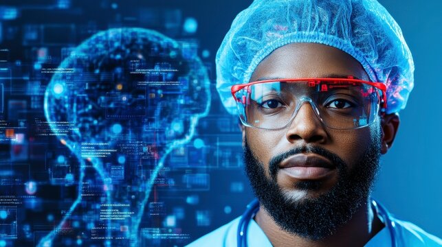 Focused healthcare professional with digital hologram of human brain analysis in the background emphasizing technology in medicine