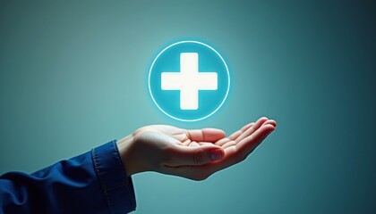 Obraz premium Hand Holding a Glowing Medical Cross Symbol on a Soft Blue Background