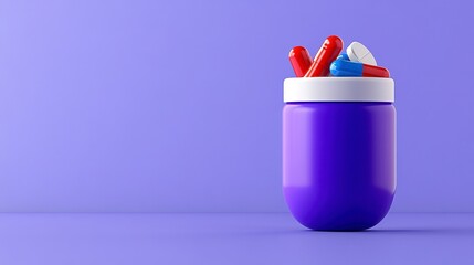 A vibrant purple jar filled with colorful pills and capsules against a smooth pastel purple backdrop