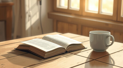 Naklejka premium Open book and next to a cup of coffee on a wooden table by the window