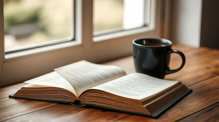 Open book and next to a cup of coffee on a wooden table by the window