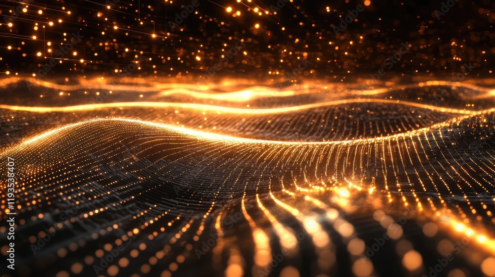 Poster conceptual computing chip emitting waves of glowing light, surrounded by a digital grid