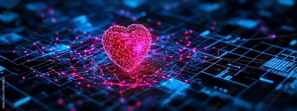 Poster a vibrant digital heart symbolizing love amidst a network of interconnected data and technology in a