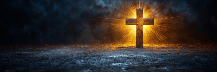 Glowing cross with radiant golden light on dark textured background, concept of Easter and Resurrection