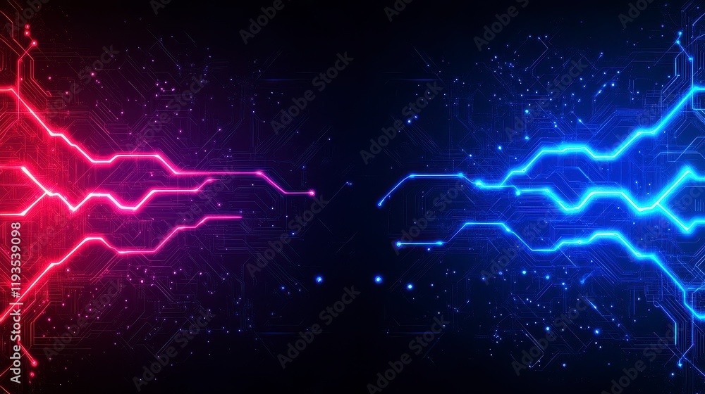 Poster futuristic digital abstract background with contrasting pink and blue circuit patterns glowing again