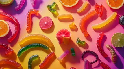 Colorful gummy worms and citrus fruit slices arranged artistically